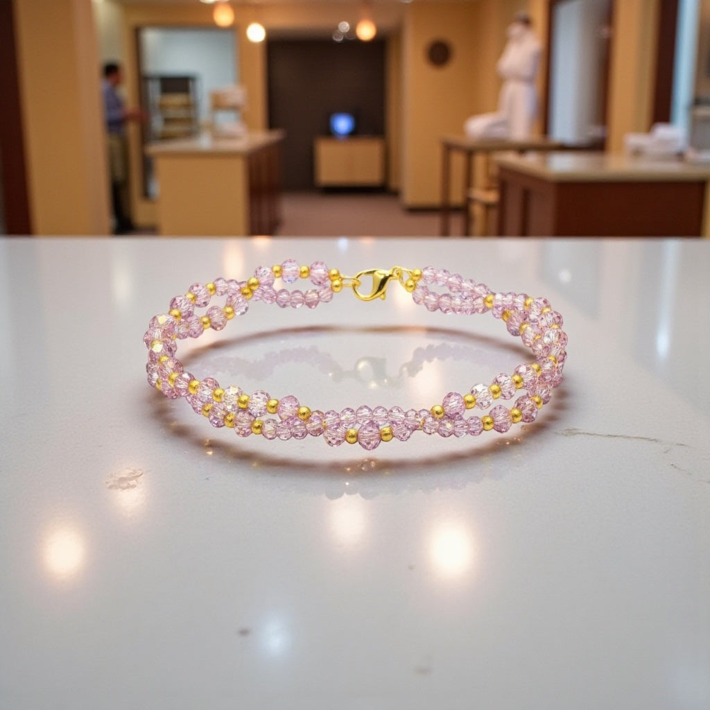 Handmade Lavender Pink Crystal Bracelet, Woven Gold Accents