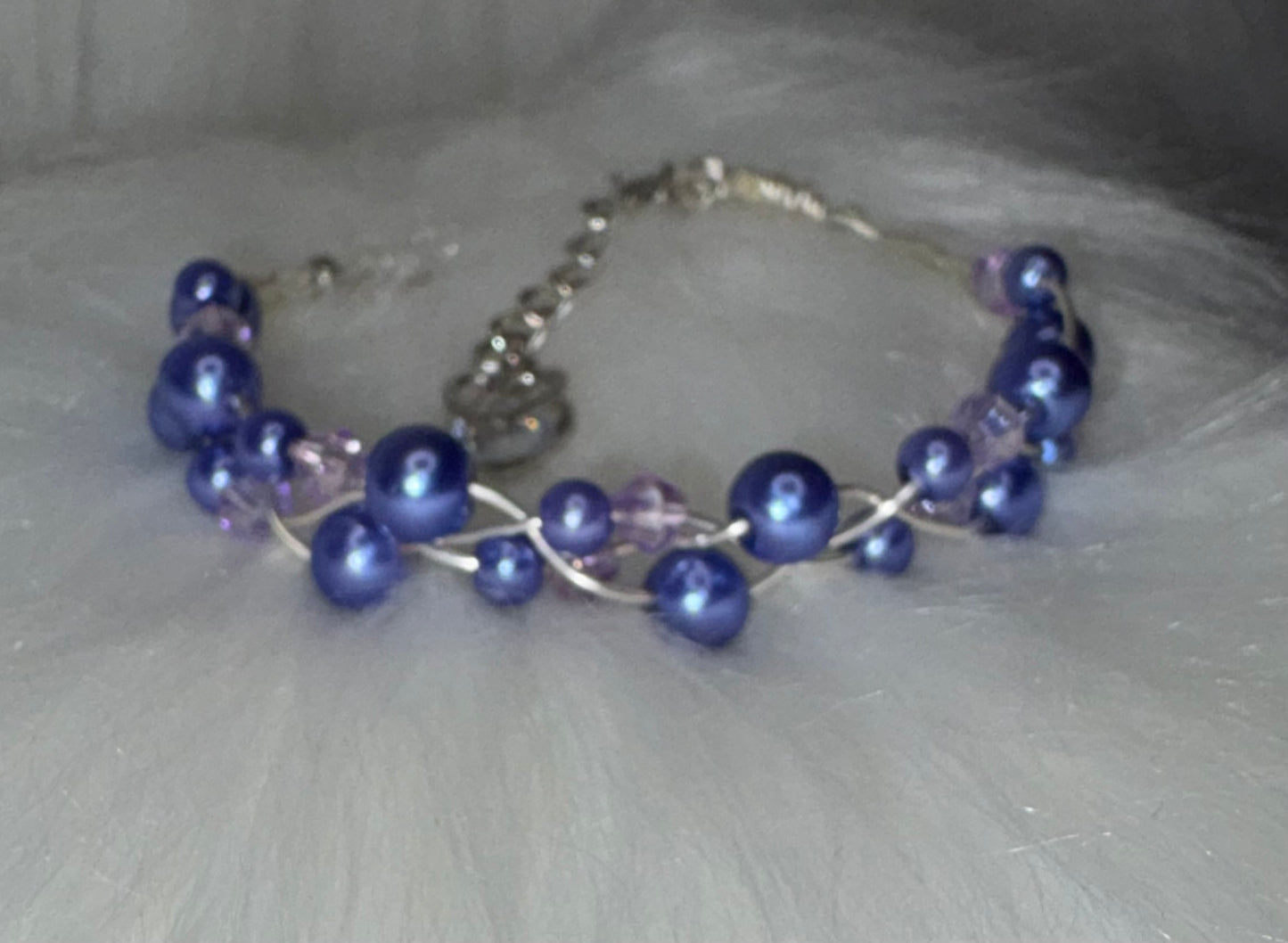 Handmade Blue Glass Pearl Bracelet, Woven Wire with Heart Charm