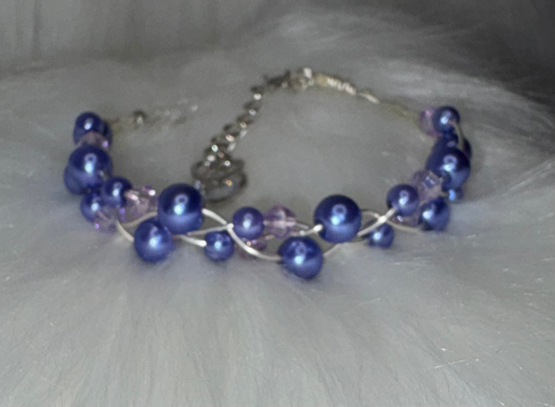 Handmade Blue Glass Pearl Bracelet, Woven Wire with Heart Charm