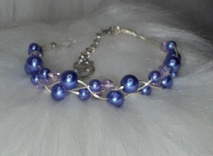 Handmade Blue Glass Pearl Bracelet, Woven Wire with Heart Charm
