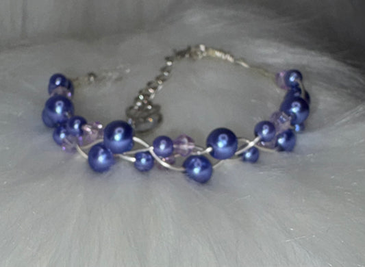 Handmade Blue Glass Pearl Bracelet, Woven Wire with Heart Charm