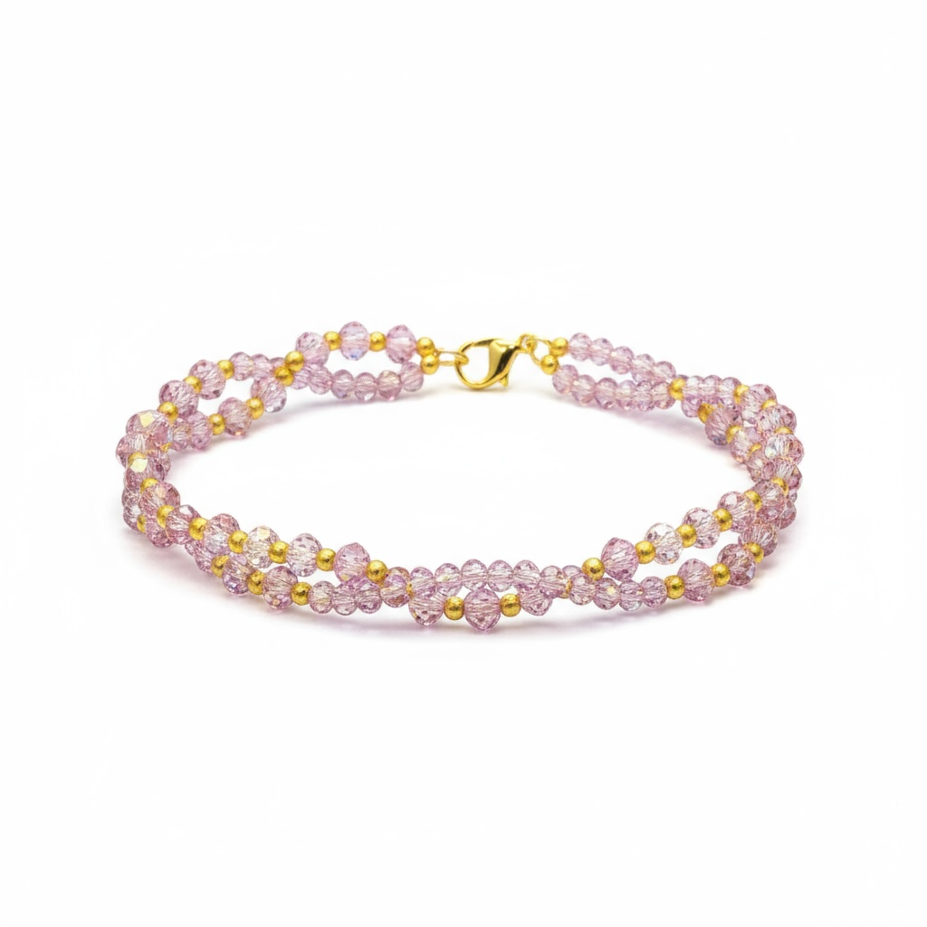 Handmade Lavender Pink Crystal Bracelet, Woven Gold Accents — alternate view
