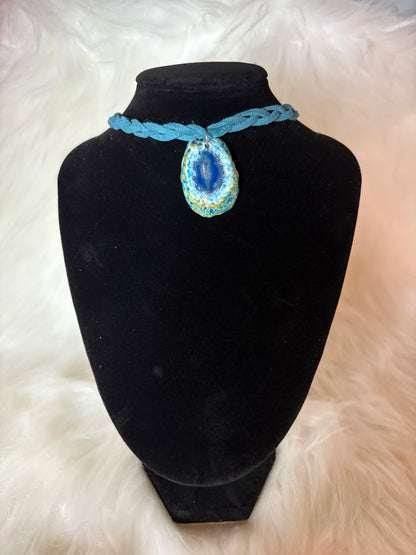 Handmade Blue Agate Geode Slice Necklace, Braided Suede Cord — alternate view