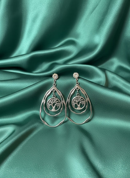 Handmade Tree of Life Teardrop Earrings, Silver — alternate view