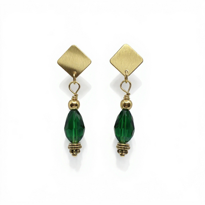 Handmade Emerald Green Crystal Drop Earrings, Gold Tone — alternate view