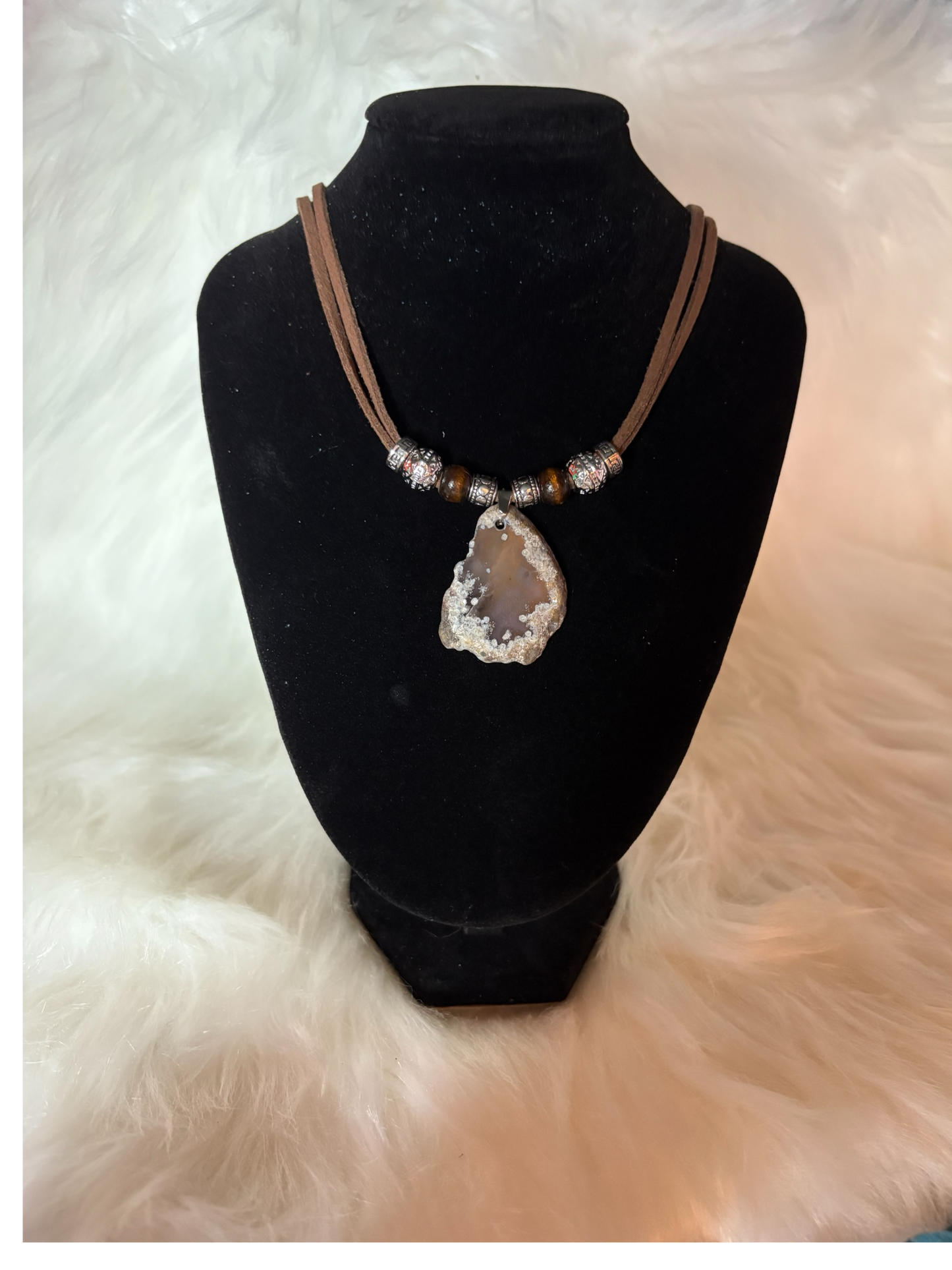 Handmade Beige Agate Geode Slice Necklace, Suede Cord