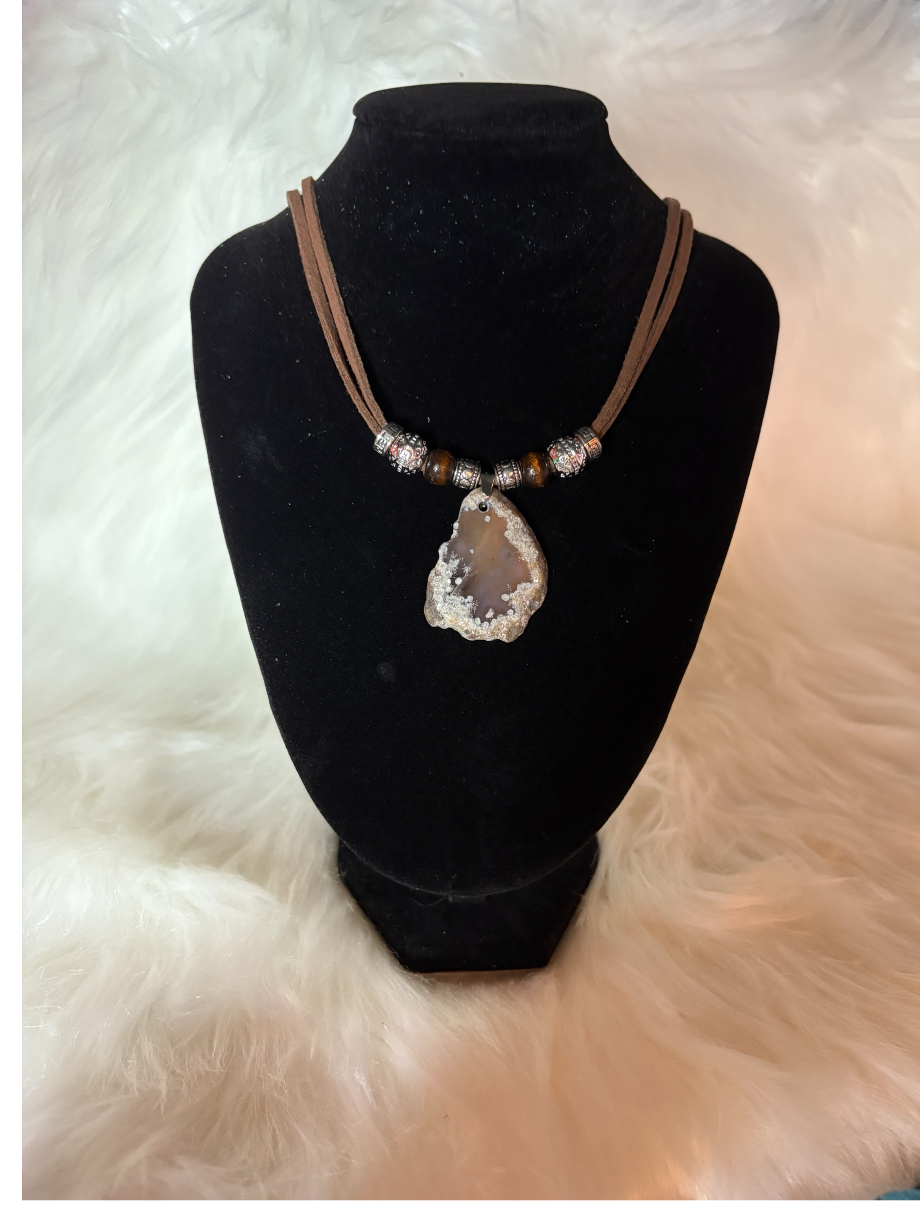 Handmade Beige Agate Geode Slice Necklace, Suede Cord