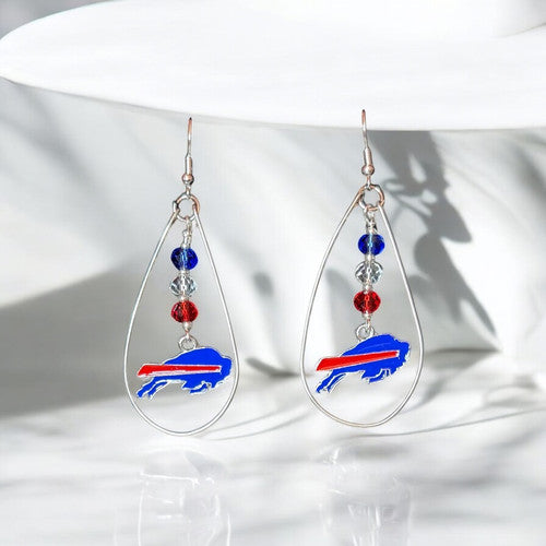 Handmade Buffalo Bills Fan Teardrop Hoop Earrings, Red and Blue