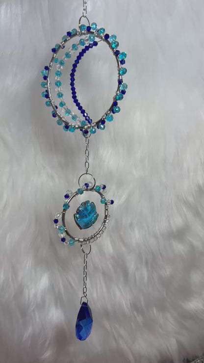 Blue Glass Bead Moon Suncatcher, Celestial Window Hanging