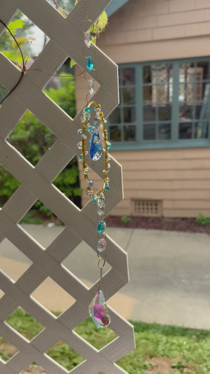 Blue Glass and Crystal Suncatcher, Gold Hoop Window Hanging