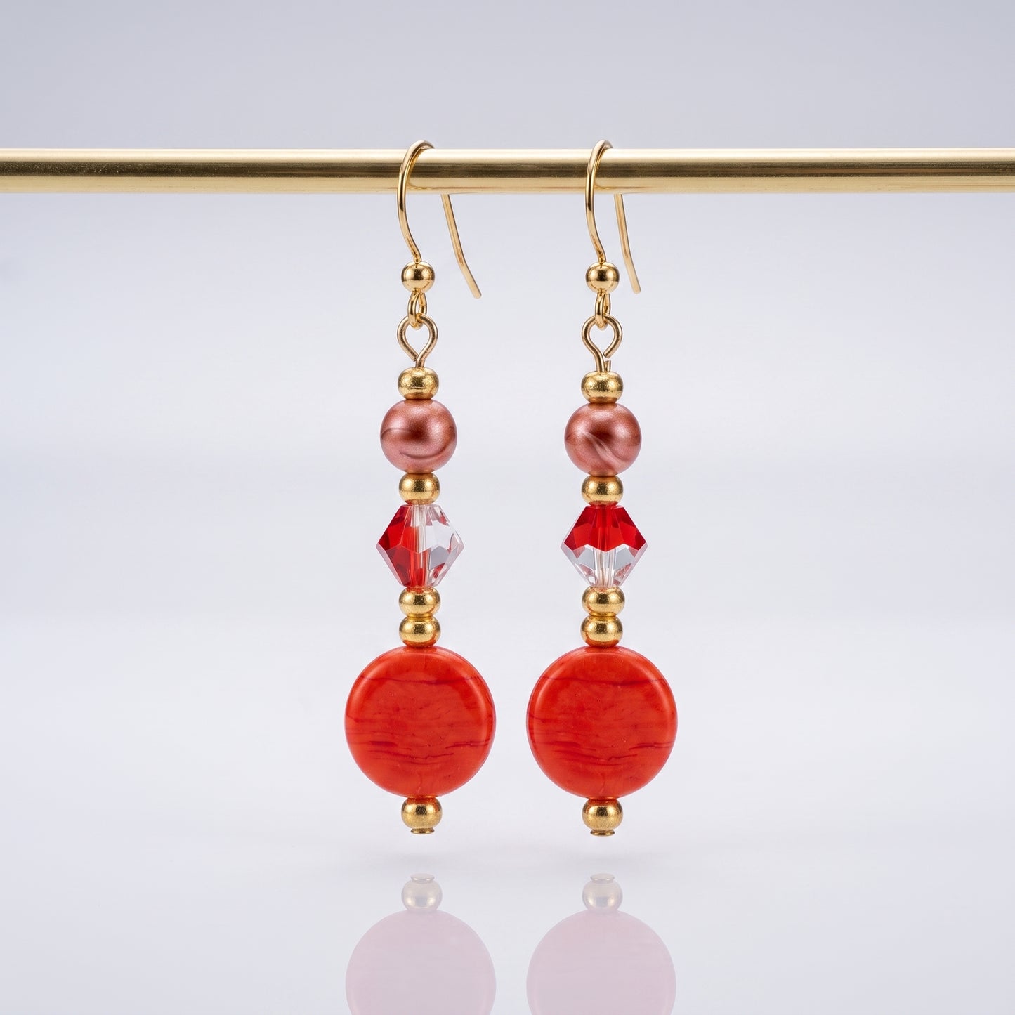 Red Stone and Pearl Dangle Earrings, Warm Boho Drop