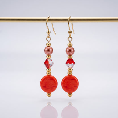 Red Stone and Pearl Dangle Earrings, Warm Boho Drop