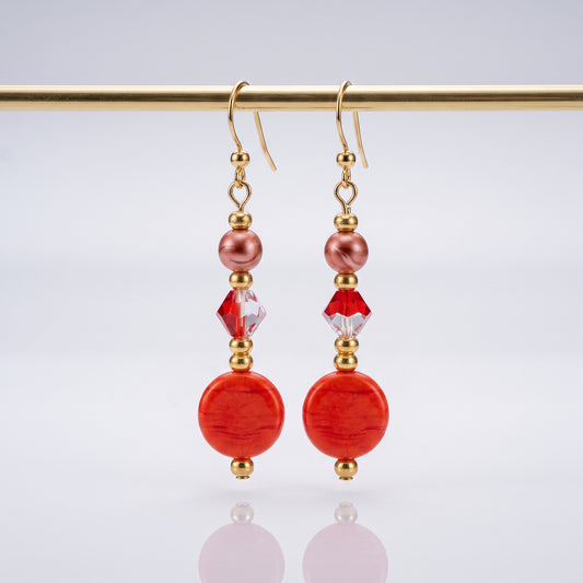 Red Stone and Pearl Dangle Earrings, Warm Boho Drop