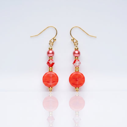 Red Stone and Pearl Dangle Earrings, Warm Boho Drop