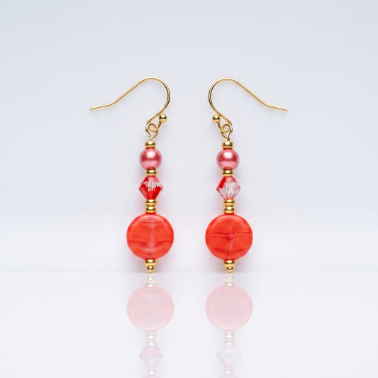 Red Stone and Pearl Dangle Earrings, Warm Boho Drop