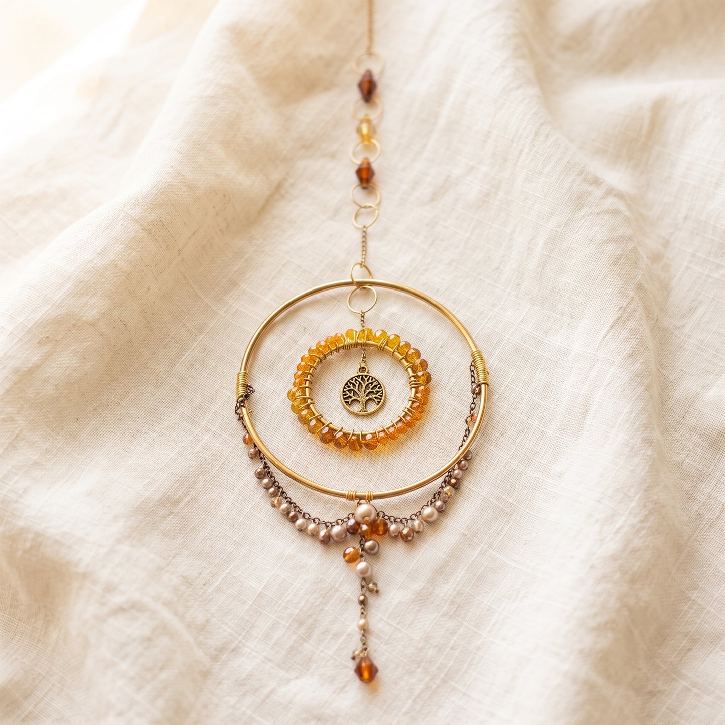Suncatcher Amber Glass Tree of Life Suncatcher, Boho Window Hanging
