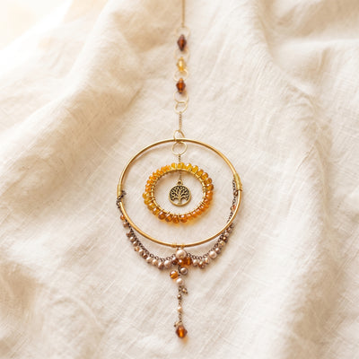 Suncatcher Amber Glass Tree of Life Suncatcher, Boho Window Hanging
