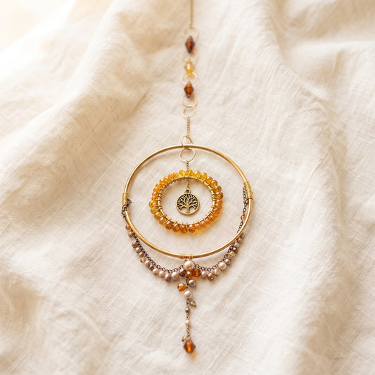 Suncatcher Amber Glass Tree of Life Suncatcher, Boho Window Hanging