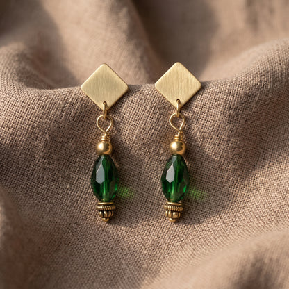 Handmade Emerald Green Crystal Drop Earrings, Gold Tone