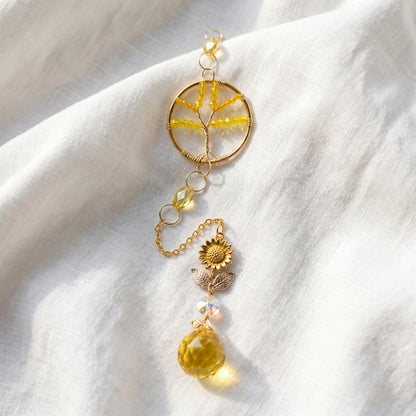 Handmade Tree of Life Crystal Suncatcher, Yellow and Gold