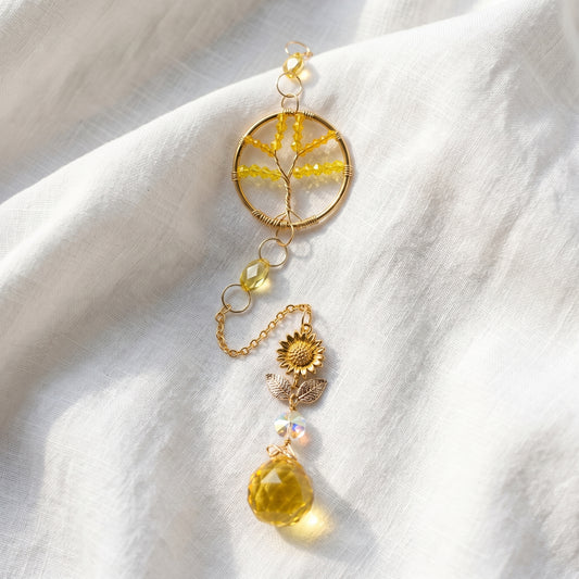 Handmade Tree of Life Crystal Suncatcher, Yellow and Gold