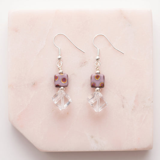 Purple Glass and Clear Crystal Earrings, Geometric Dangle