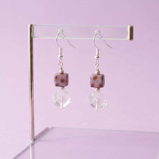 Spotted Lavender Glass Cube Earrings, Clear Crystal Drop