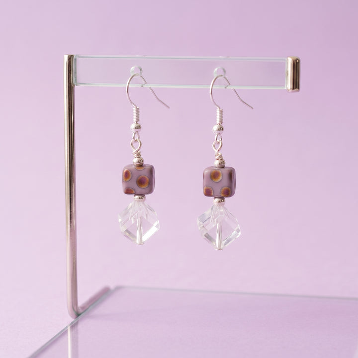 Spotted Lavender Glass Cube Earrings, Clear Crystal Drop
