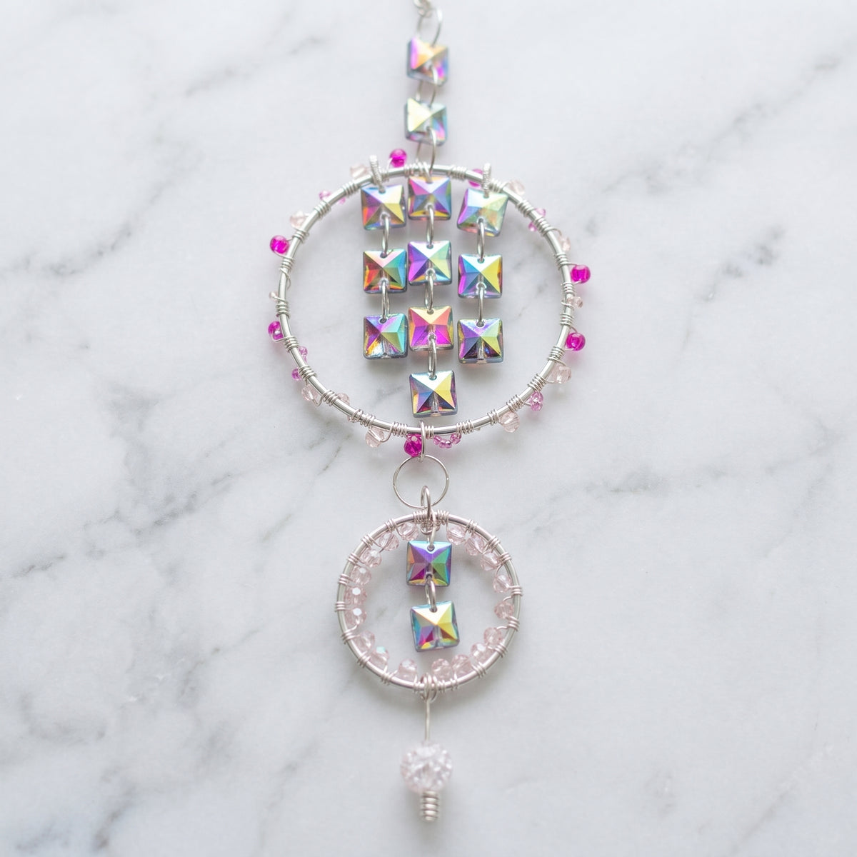 Iridescent Crystal Silver Suncatcher, Rainbow Prism Window Hanging