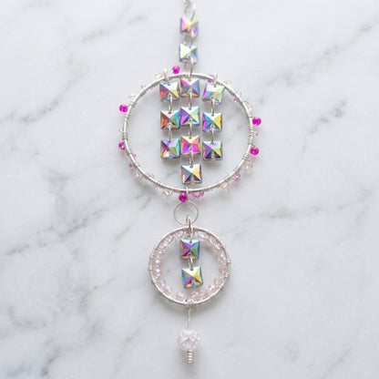 Iridescent Crystal Silver Suncatcher, Rainbow Prism Window Hanging