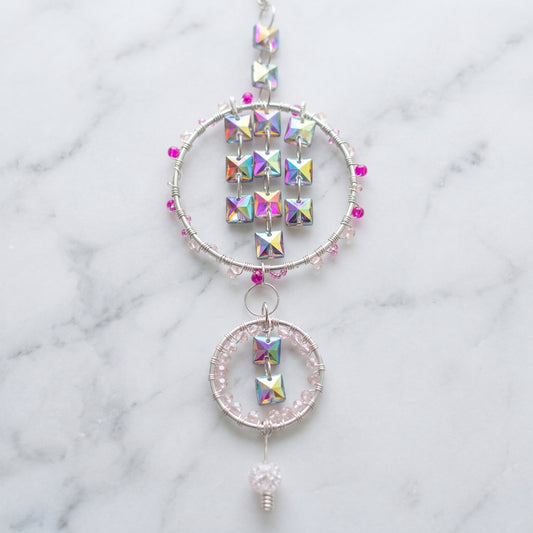 Iridescent Crystal Silver Suncatcher, Rainbow Prism Window Hanging