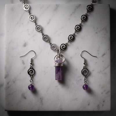 Amethyst Purple Crystal Necklace and Earring Set, Spiral Boho Style