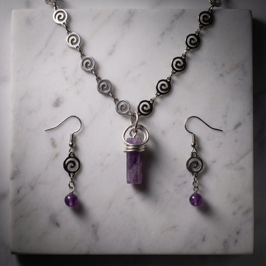 Amethyst Purple Crystal Necklace and Earring Set, Spiral Boho Style