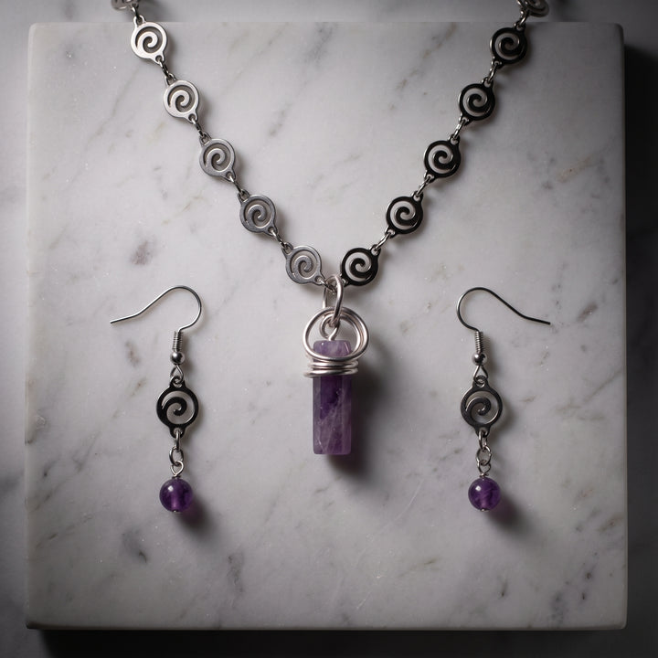Amethyst Purple Crystal Necklace and Earring Set, Spiral Boho Style