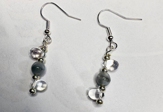 Grey Cat's Eye and Clear Glass Drop Earrings, Everyday Dangle