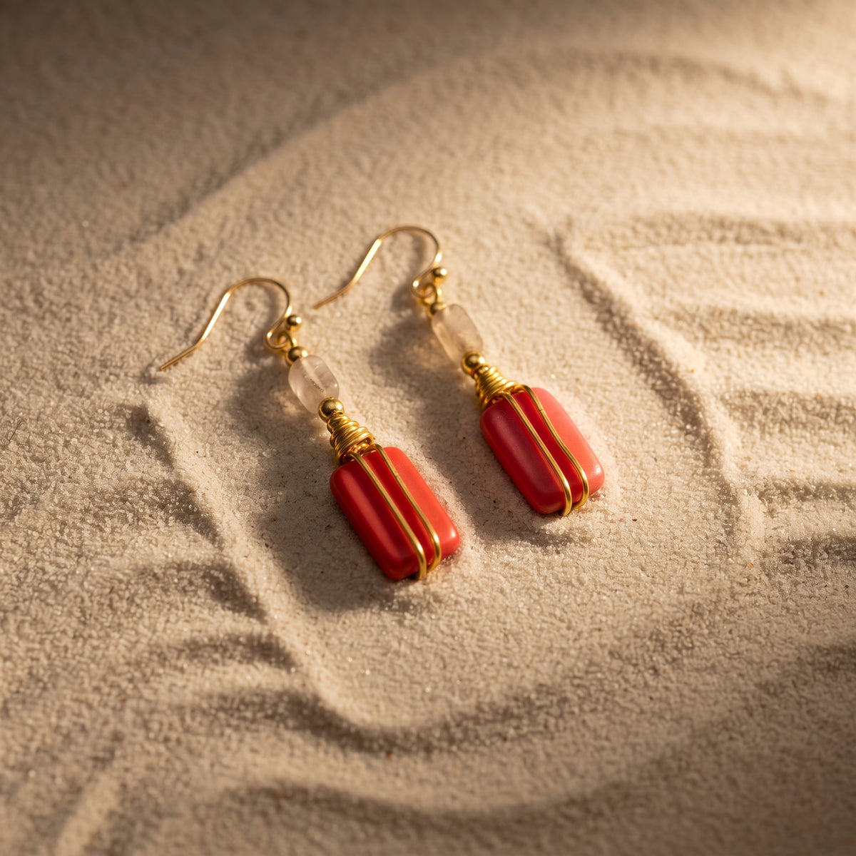 Red Coral Gold Wire Wrapped Earrings, Boho Beach Dangle
