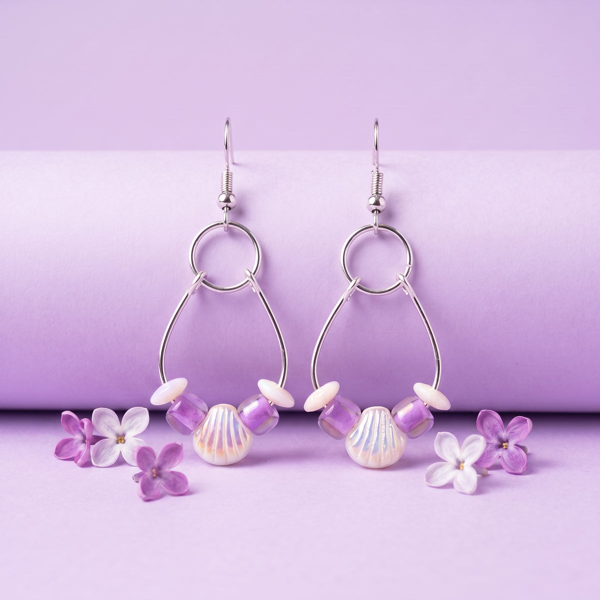 Seashell Purple Glass Hoop Earrings, Coastal Boho