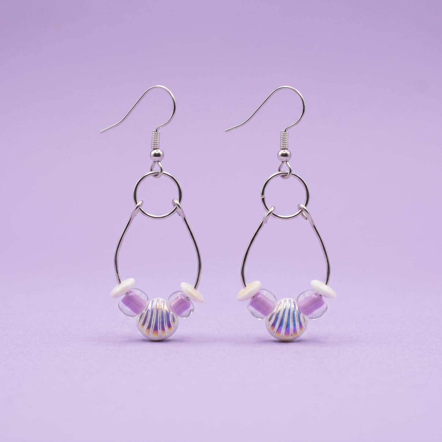 Seashell and Purple Glass Bead Dangle Earrings, Coastal Boho