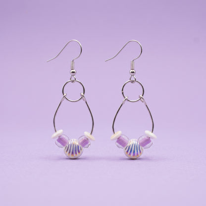 Seashell and Purple Glass Bead Dangle Earrings, Coastal Boho
