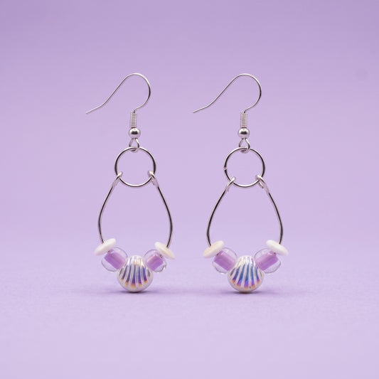 Seashell and Purple Glass Bead Dangle Earrings, Coastal Boho