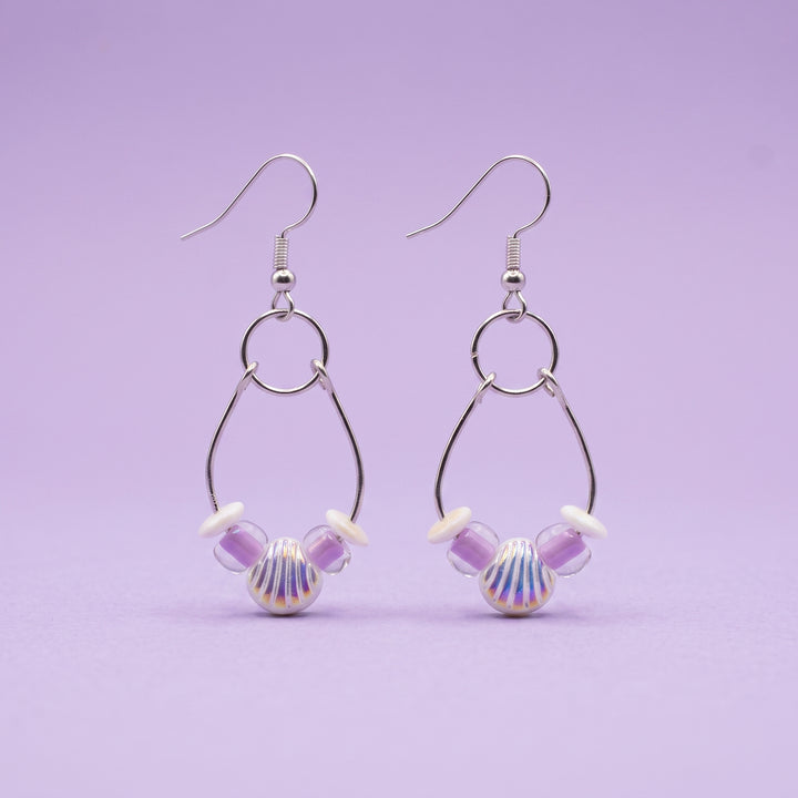 Seashell and Purple Glass Bead Dangle Earrings, Coastal Boho