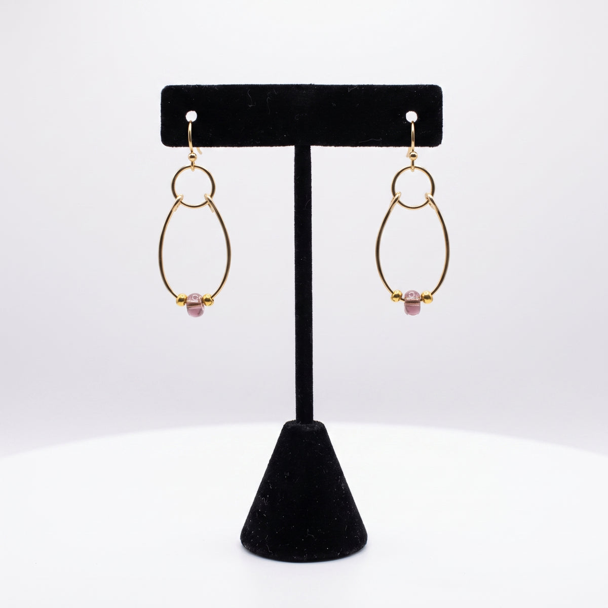 Gold Teardrop Purple Glass Bead Earrings, Minimalist Dangle