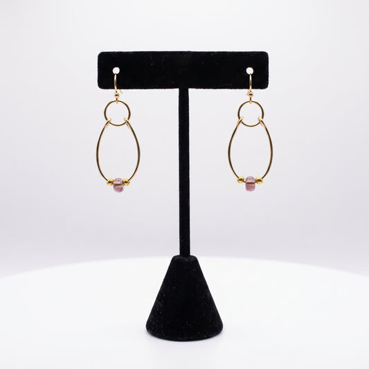 Gold Teardrop Purple Glass Bead Earrings, Minimalist Dangle