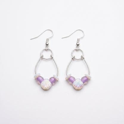 Seashell and Purple Glass Bead Dangle Earrings, Coastal Boho