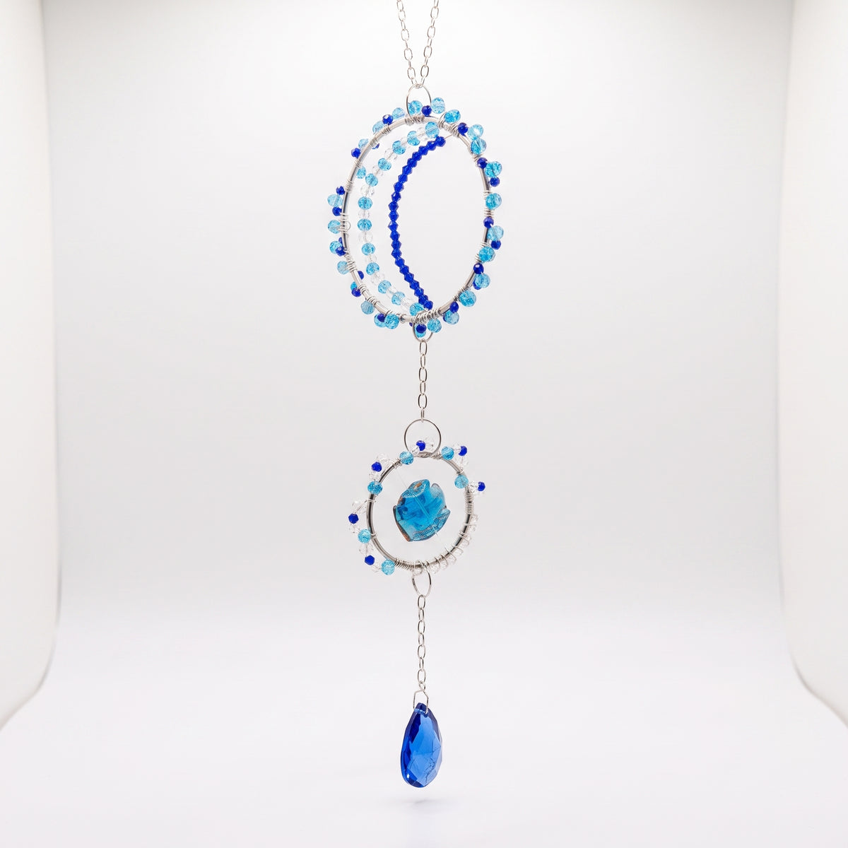 Blue Glass Bead Moon Suncatcher, Celestial Window Hanging