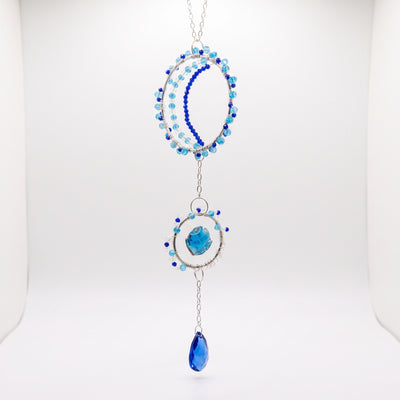 Blue Glass Bead Moon Suncatcher, Celestial Window Hanging
