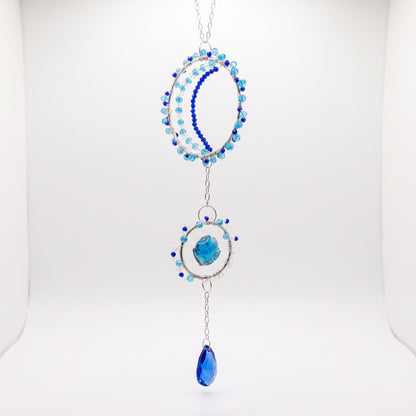 Blue Glass Bead Moon Suncatcher, Celestial Window Hanging