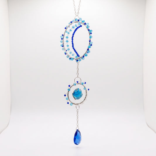 Blue Glass Bead Moon Suncatcher, Celestial Window Hanging