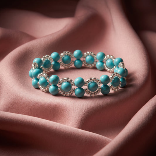 Turquoise Blue Stone Beaded Bracelet, Double Row Boho