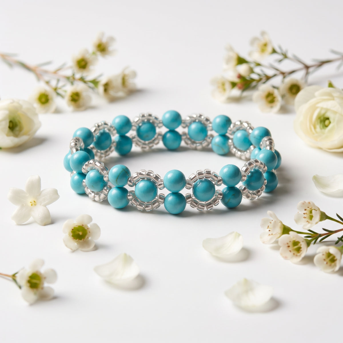 Turquoise Blue Stone Beaded Bracelet, Double Row Boho
